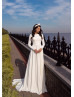 Long Sleeves Ivory Satin V Back Simple Modest Wedding Dress